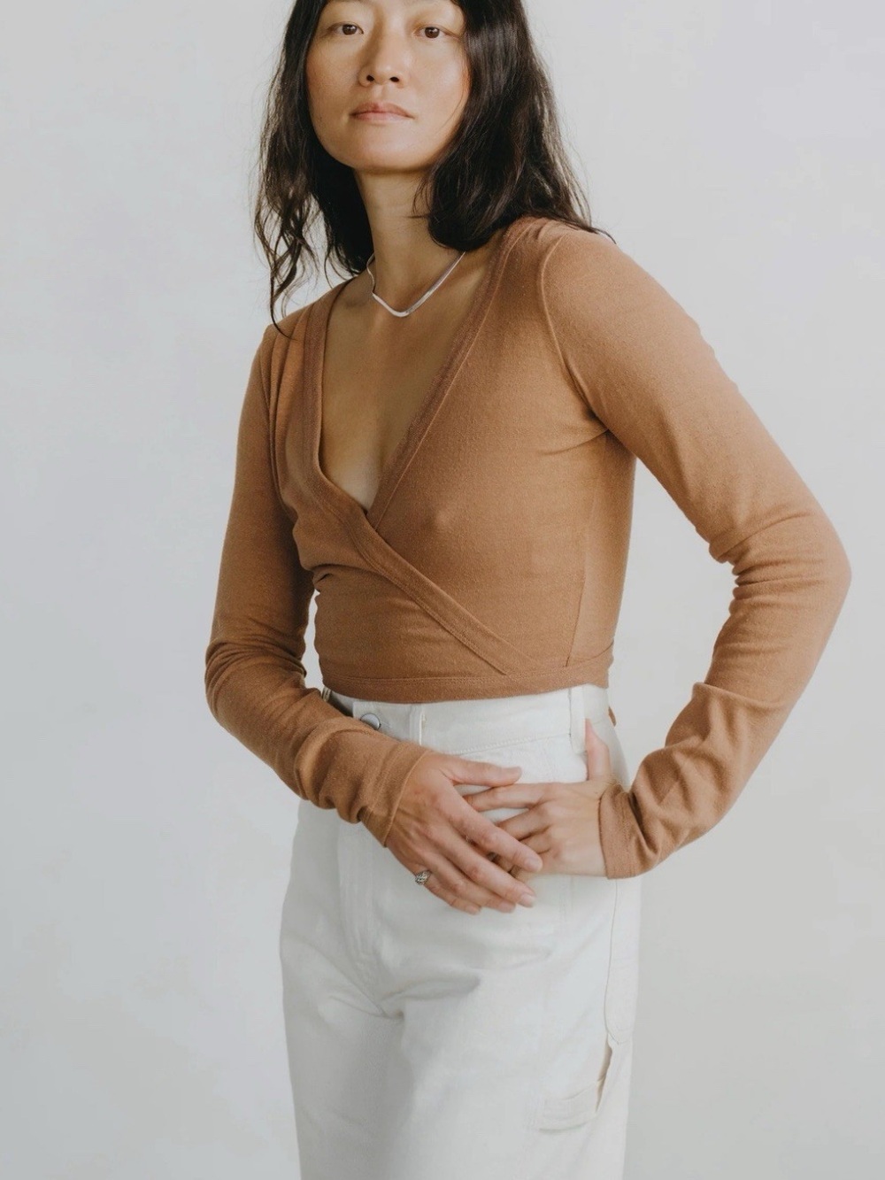 OZMA dance 100% silk noil Wrap Crop Top in colour tea size extra small